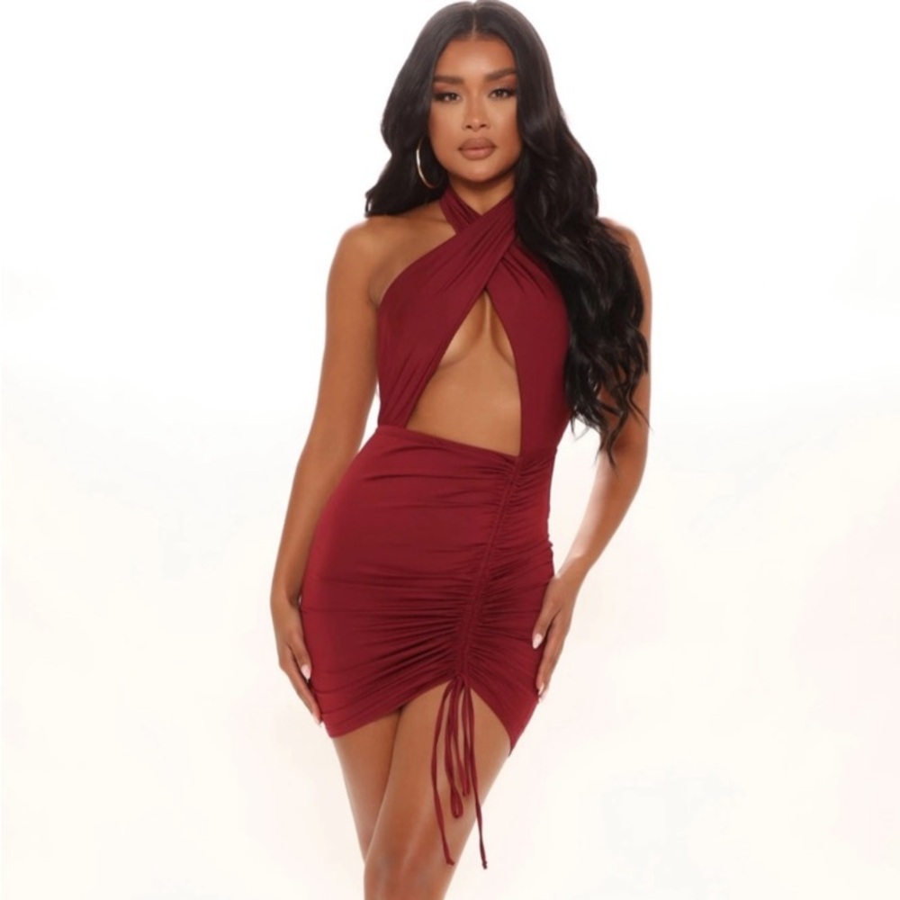 New! Fashion Nova Always Out Ruched Mini Dress Burgundy Red Size Large NWT